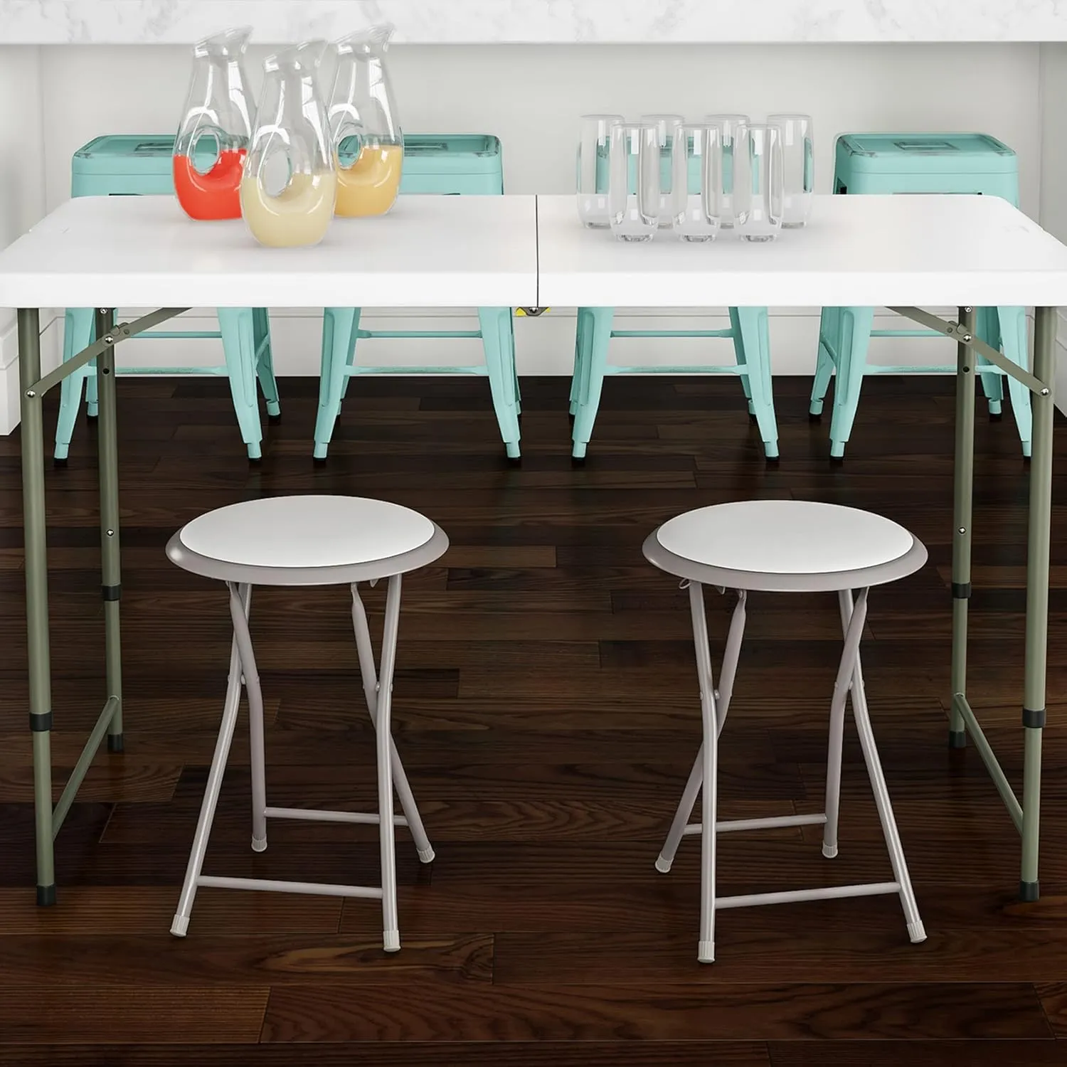 Folding Bar Stool - Heavy-Duty 18-inch Collapsible Padded Round Stool with 300lb Capacity for Dorm, Rec Room, or Game Room by Trademark Home (White)