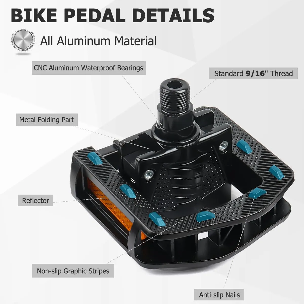 Folding Bike Pedals, Mountain Bike Pedals CNC Aluminum Bicycle Flat Pedals, 9/16'' with Reflective Strips | Non-Slip | Waterproof | Wide Flat Cycling Pedals for E-Bike, Urban Commute, MTB Bikes
