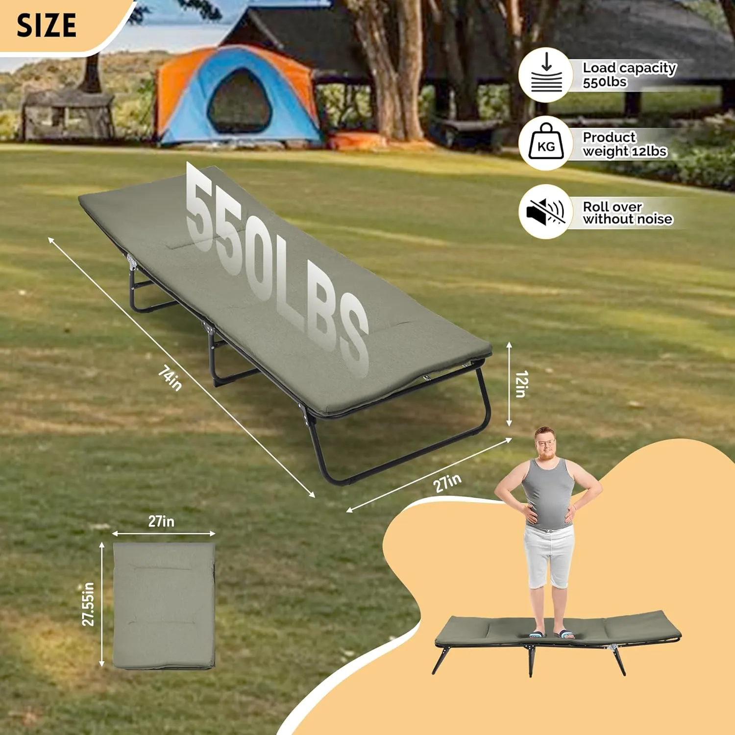 Folding Camping Cot for Adults,5-Position Adjustable Portable Folding Bed with Carry Bag for Sleeping Supports 550 lbs (Green)