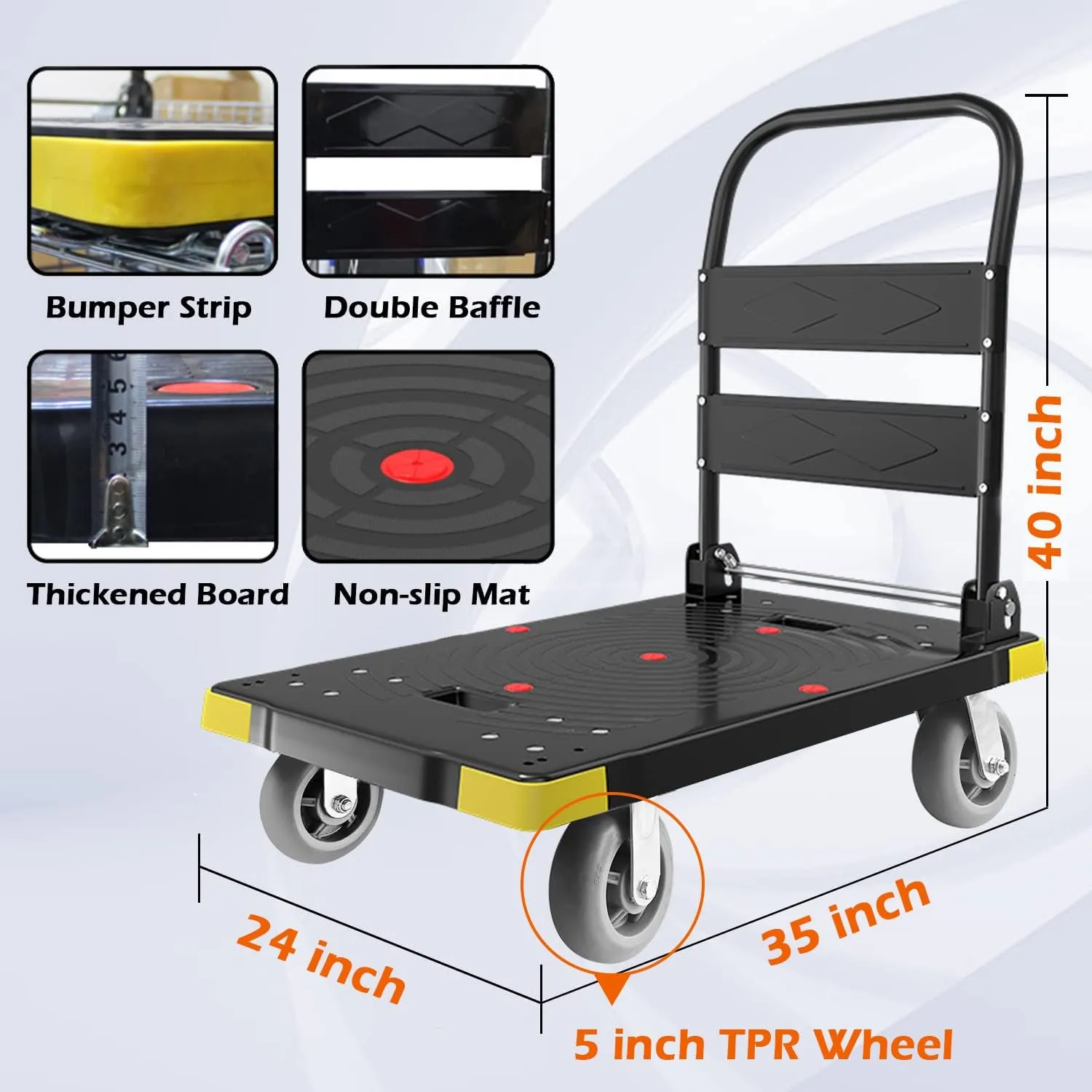 Folding Push Cart Dolly - 1300LBS Heavy Duty Portable Moving Dolly with 360 Swivel 6'' Wheels (35L x24W x40H in)