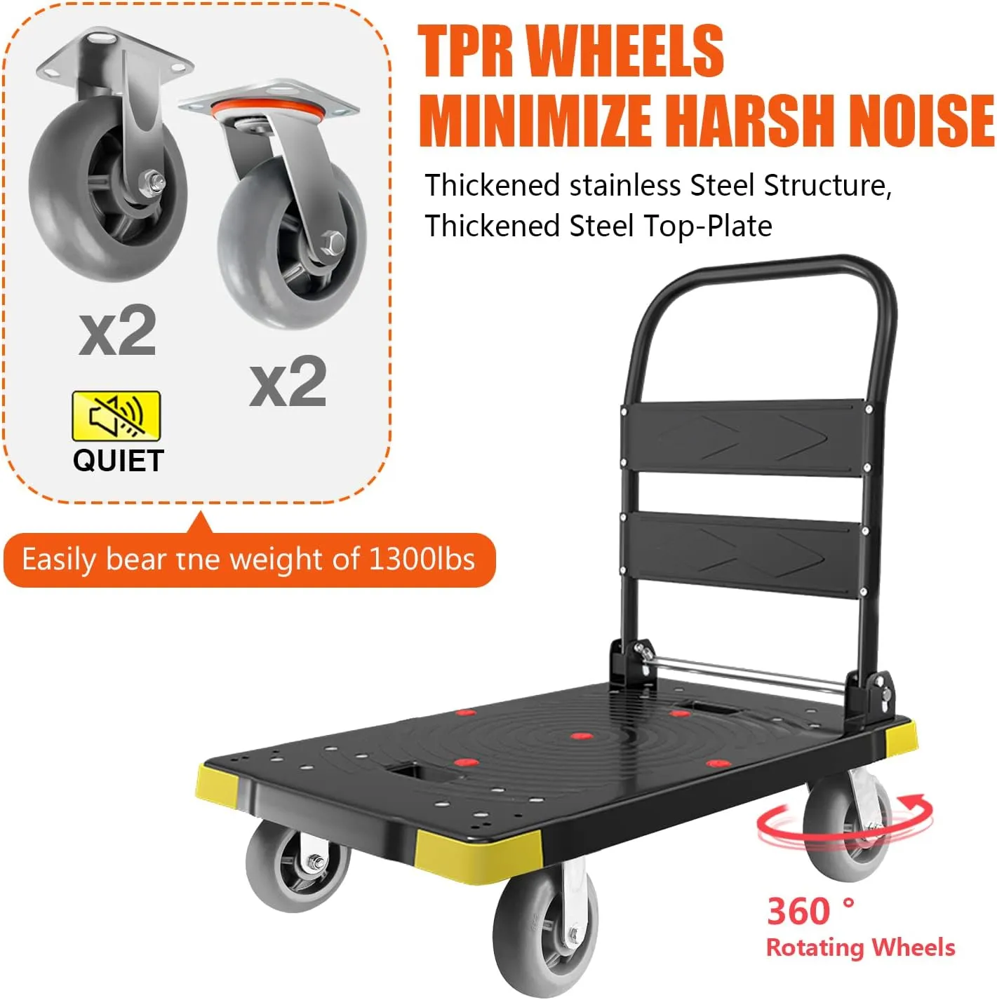 Folding Push Cart Dolly - 1300LBS Heavy Duty Portable Moving Dolly with 360 Swivel 6'' Wheels (35L x24W x40H in)