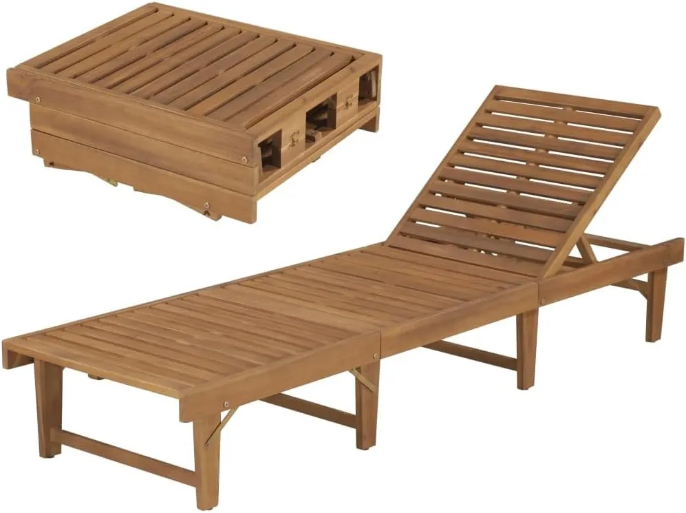 Folding Sun Lounger Outdoor Furniture Solid Acacia Wood Adjustable Backrest Foldable Chaise Lounge Chair for Poolside Tanning Lawn Patio Deck Comfy Reclining Seating