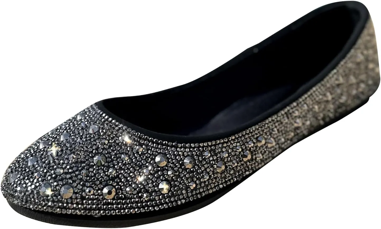Forever Link Womens Closed Toe Rhinestone Crystal Ballet Ballerina Slip On Flat Sandals Shoes