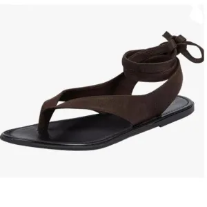 FOWT Dark Brown Split Round Toe Sandals Lace up Strappy Soft Flip Flop Shoes