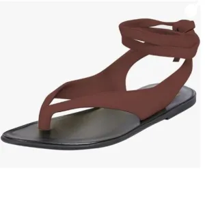 FOWT Wine Split Round Toe Sandals Lace up Strappy Flats Soft Flip Flop Shoes