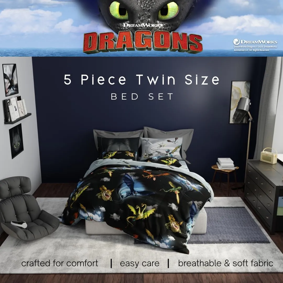 Franco How to Train Your Dragon Kids Bedding Super Soft & Cozy Reversible Microfiber Comforter and Sheet Set with Sham, 5 Piece Twin Size, (Officially Licensed Product)
