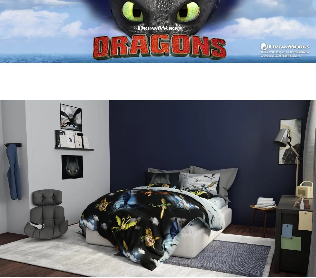 Franco How to Train Your Dragon Kids Bedding Super Soft & Cozy Reversible Microfiber Comforter and Sheet Set with Sham, 5 Piece Twin Size, (Officially Licensed Product)