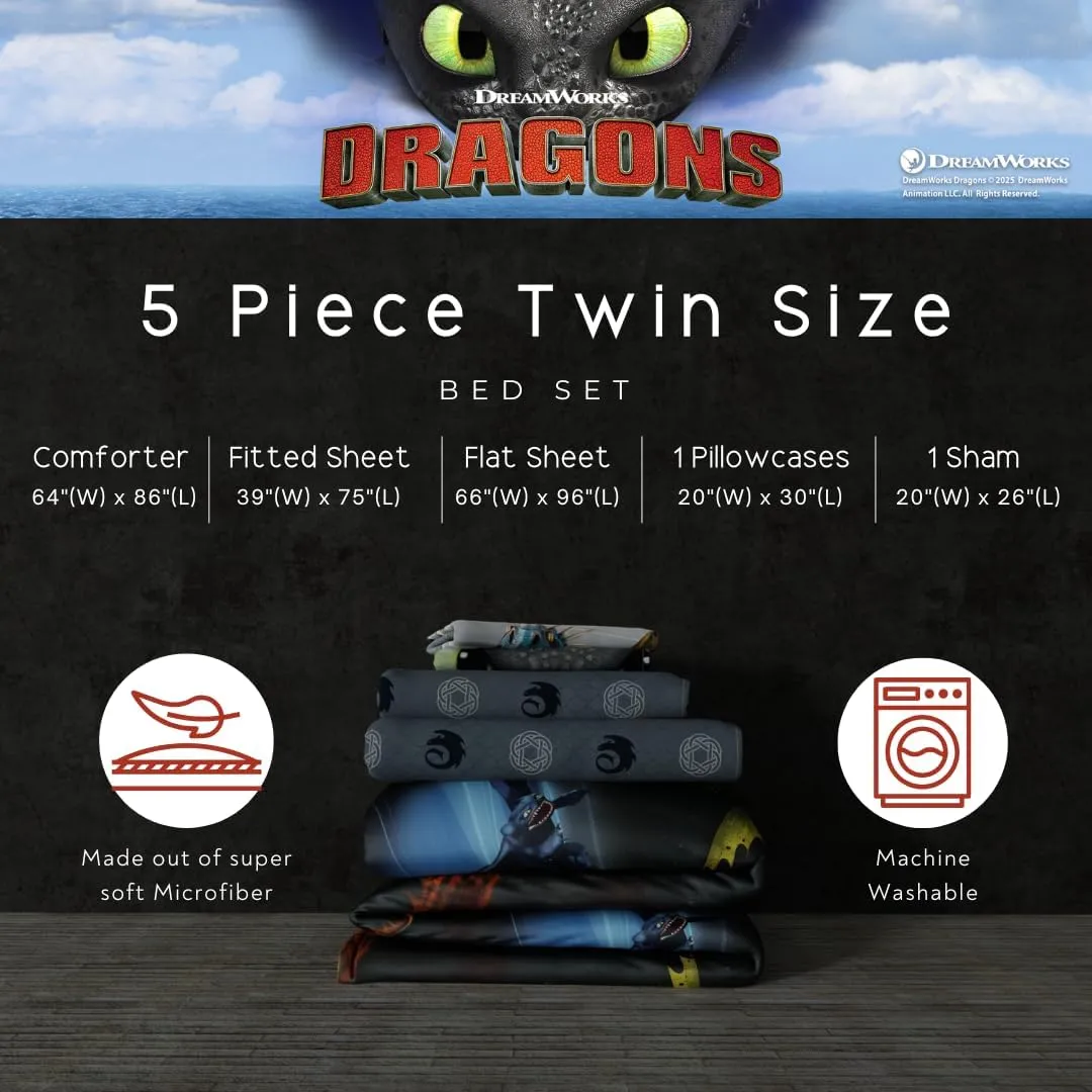 Franco How to Train Your Dragon Kids Bedding Super Soft & Cozy Reversible Microfiber Comforter and Sheet Set with Sham, 5 Piece Twin Size, (Officially Licensed Product)