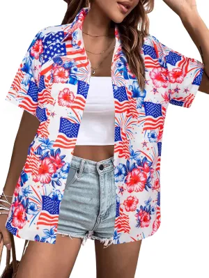 FRYAID American Flag Shirt Women 4th of July Shirts Hawaii Floral Patriotic Stars Stripes Tee USA Short Sleeve Button Up Top