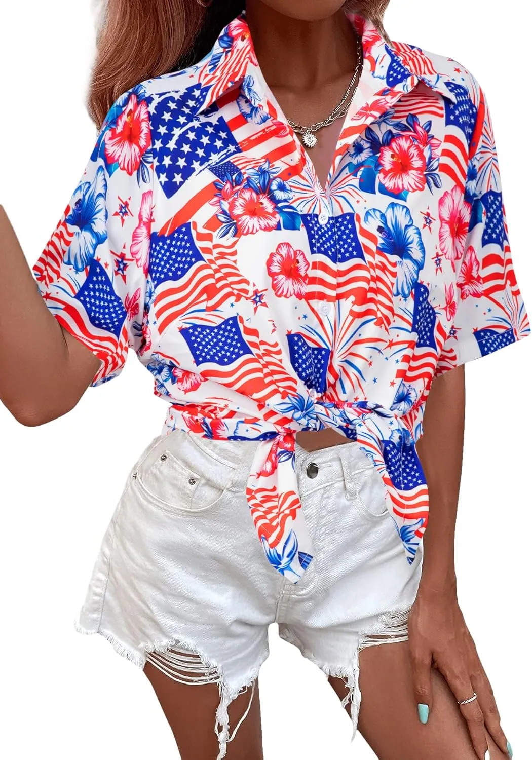 FRYAID American Flag Shirt Women 4th of July Shirts Hawaii Floral Patriotic Stars Stripes Tee USA Short Sleeve Button Up Top