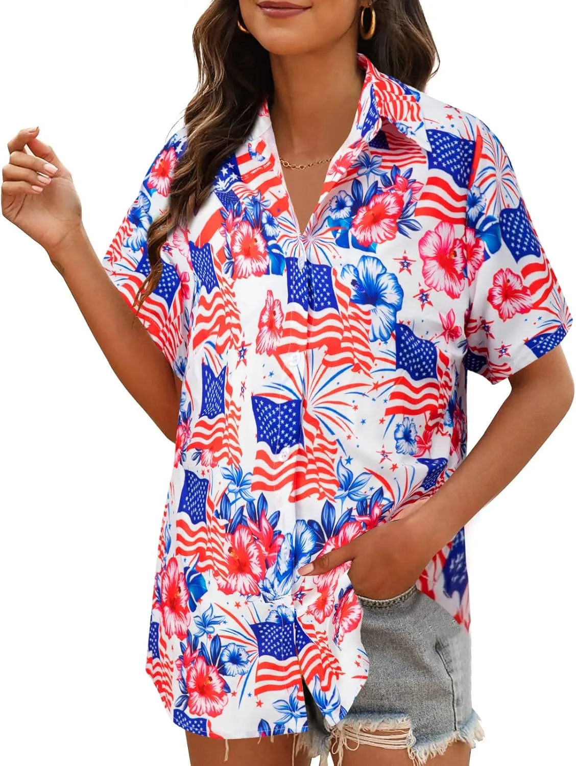 FRYAID American Flag Shirt Women 4th of July Shirts Hawaii Floral Patriotic Stars Stripes Tee USA Short Sleeve Button Up Top