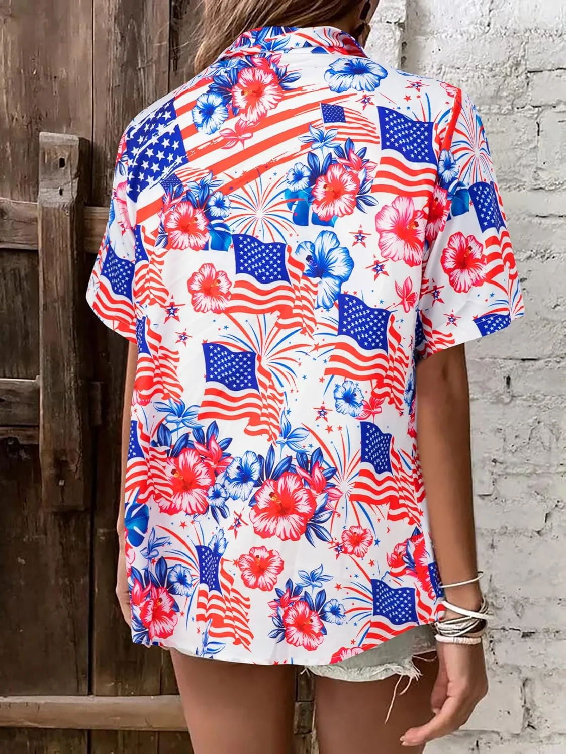FRYAID American Flag Shirt Women 4th of July Shirts Hawaii Floral Patriotic Stars Stripes Tee USA Short Sleeve Button Up Top