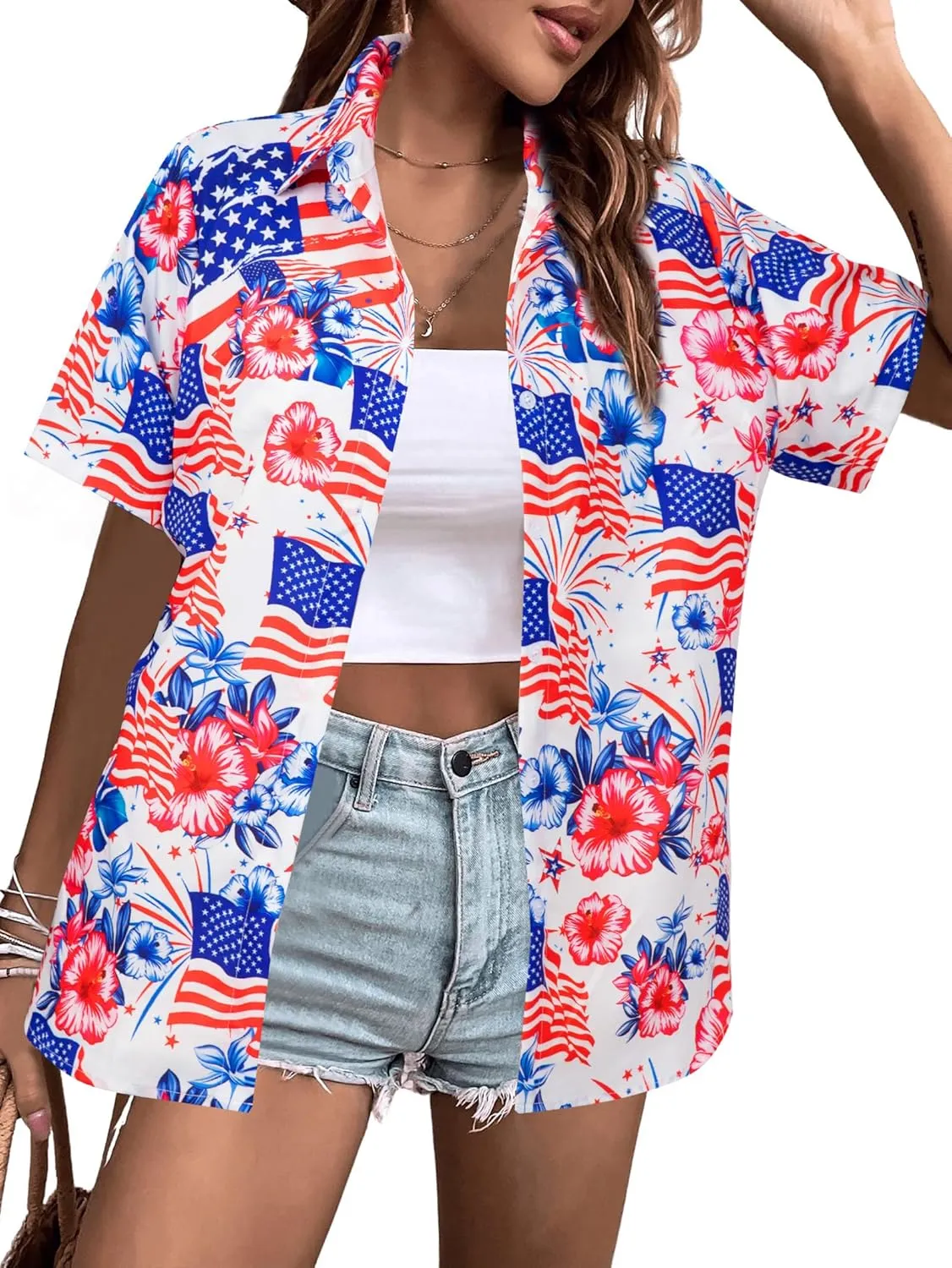 FRYAID American Flag Shirt Women 4th of July Shirts Hawaii Floral Patriotic Stars Stripes Tee USA Short Sleeve Button Up Top
