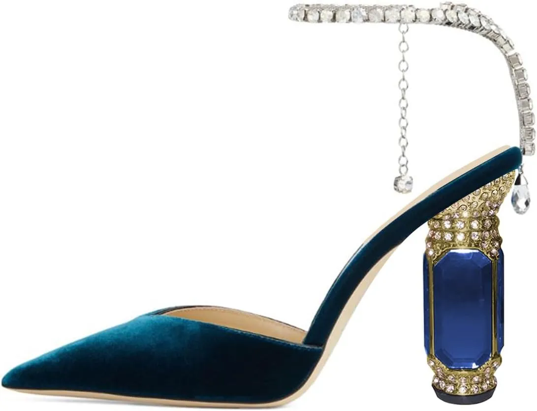 FSJ Women Bridal Heeled Sandals Pointy Toe Crystal Chain Ankle Strap Pumps Luxury Rhinestone Embellished Chunky Heels Wedding Party Dress Shoes Size 4-16 US