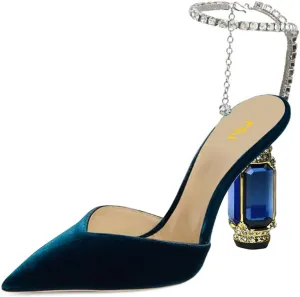 FSJ Women Bridal Heeled Sandals Pointy Toe Crystal Chain Ankle Strap Pumps Luxury Rhinestone Embellished Chunky Heels Wedding Party Dress Shoes Size 4-16 US