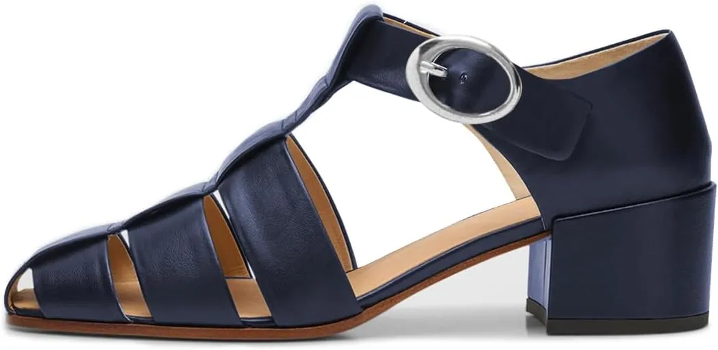 FSJ Women Closed Toe Low Chunky Heel Fisherman Sandals Hollow Cage Roman Gladiator Sandals Comfortable Ankle Strap Summer Daily Shoes Size 4-16 US