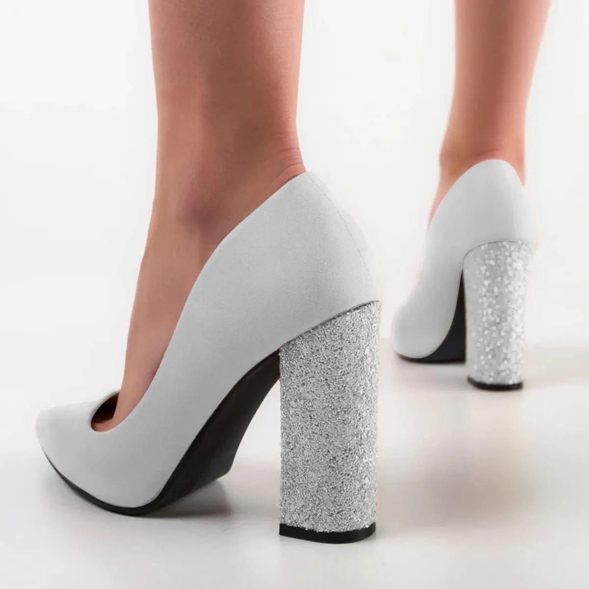FSJ Women Sparkling Glitter Chunky High Heel Suede Pumps Closed Pointed Toe Slip On Block Heel Ladies Classic Basic Office Outfit Shoes Size 4-15 US