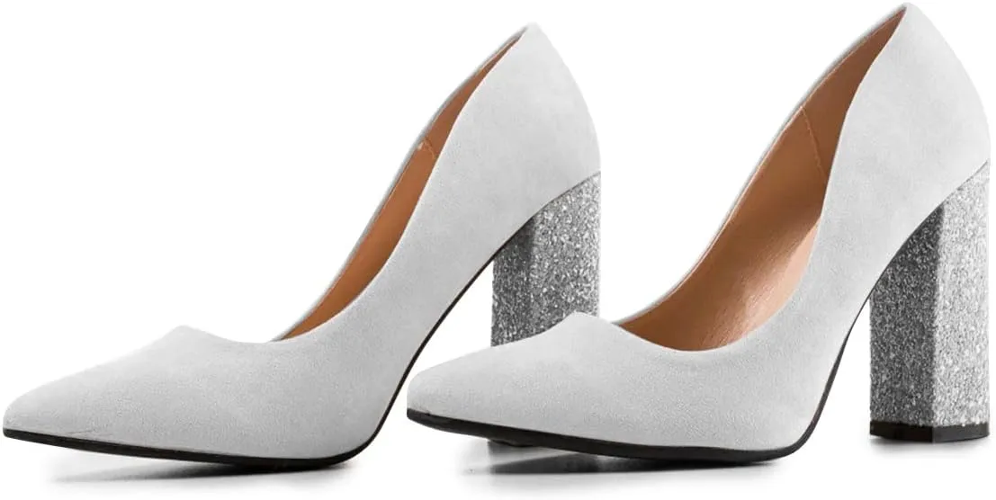 FSJ Women Sparkling Glitter Chunky High Heel Suede Pumps Closed Pointed Toe Slip On Block Heel Ladies Classic Basic Office Outfit Shoes Size 4-15 US