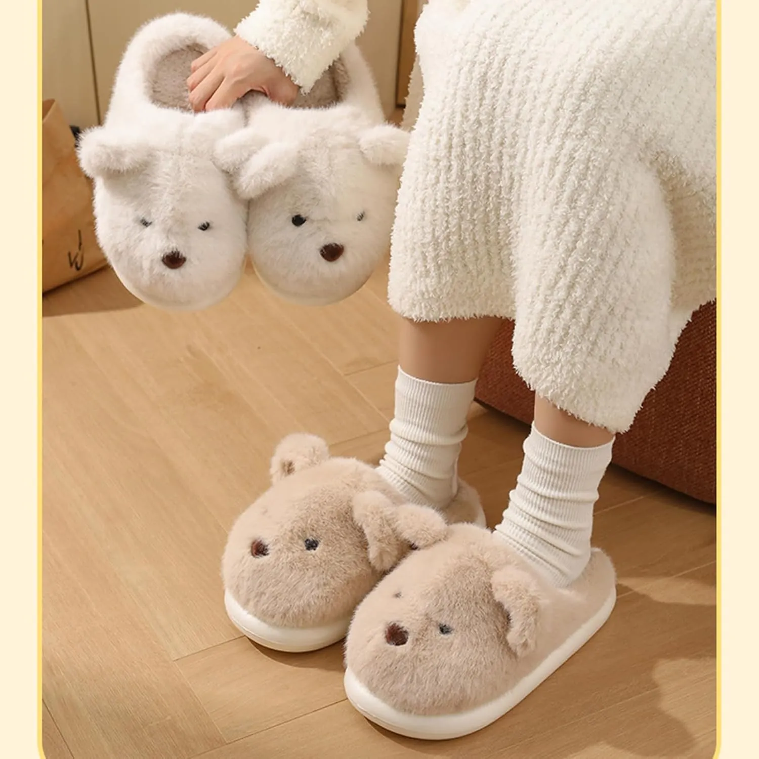 Fuzzy Animal Plush Cute Puppy Dog Slippers for Women and Men, Winter Indoor Home Scuff Slippers Anti-Skid Thick Sole Shoes for Adult