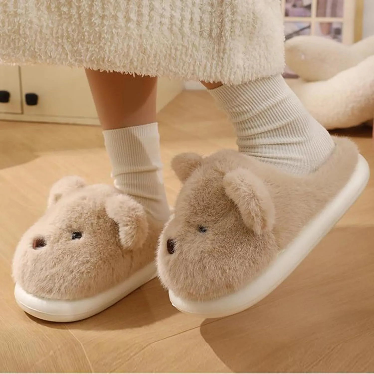 Fuzzy Animal Plush Cute Puppy Dog Slippers for Women and Men, Winter Indoor Home Scuff Slippers Anti-Skid Thick Sole Shoes for Adult