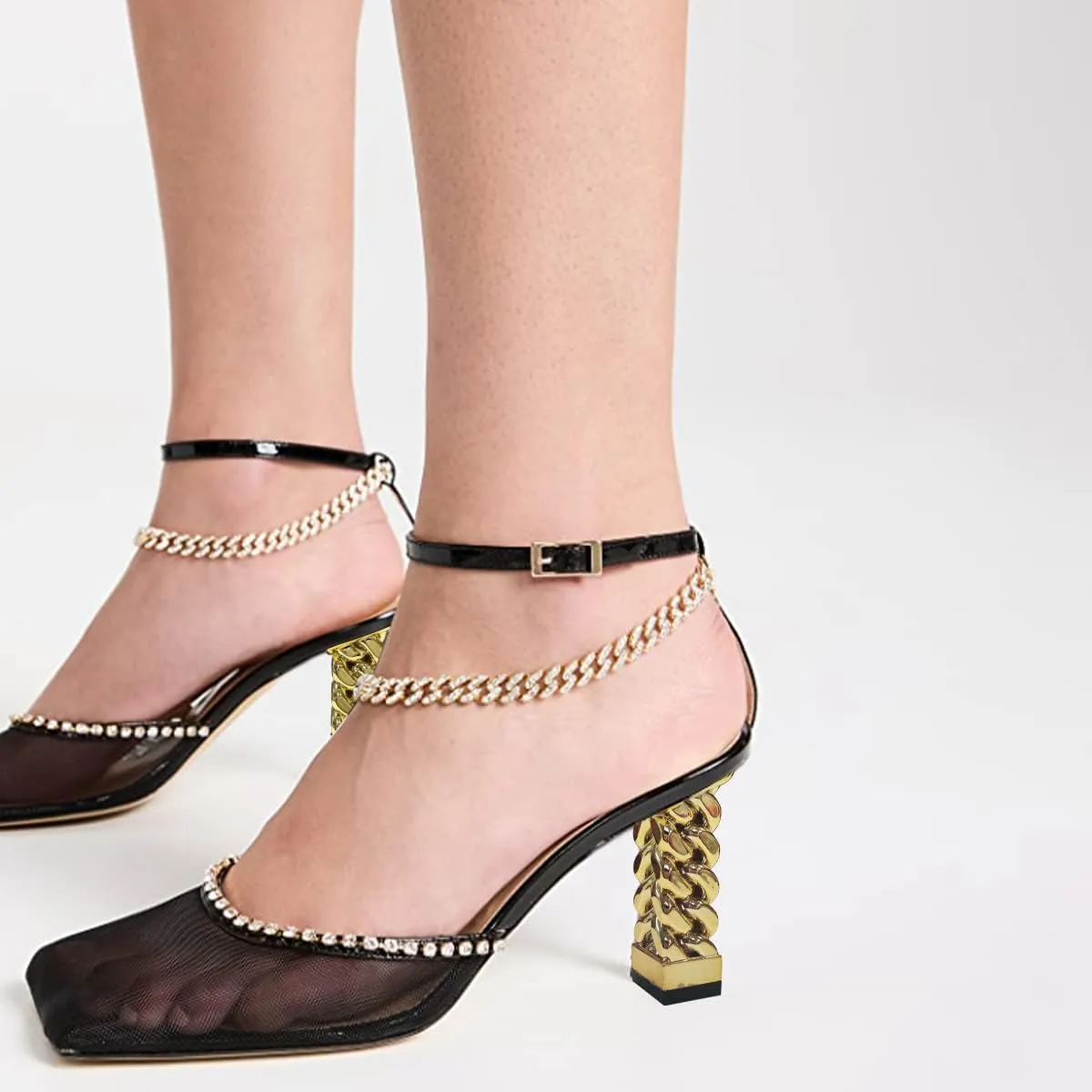 FYS Women Bling Square Toe Rhinestone Heeled Sandals Gold Metal Block Heels Ankle Strap Studded Chain Party Prom Fashion Breathable Mesh Shoes Size 4-15 US
