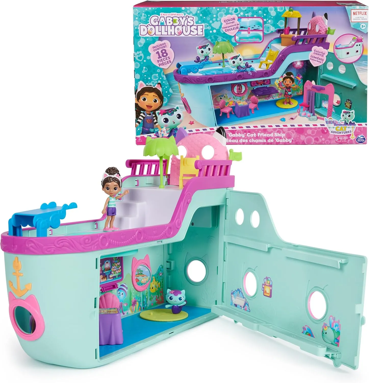 Gabby’s Dollhouse, Gabby Cat Friend Ship, Cruise Ship Toy with 2 Toy Figures, Surprise Toys & Dollhouse Accessories, Kids Toys for Girls & Boys 3 