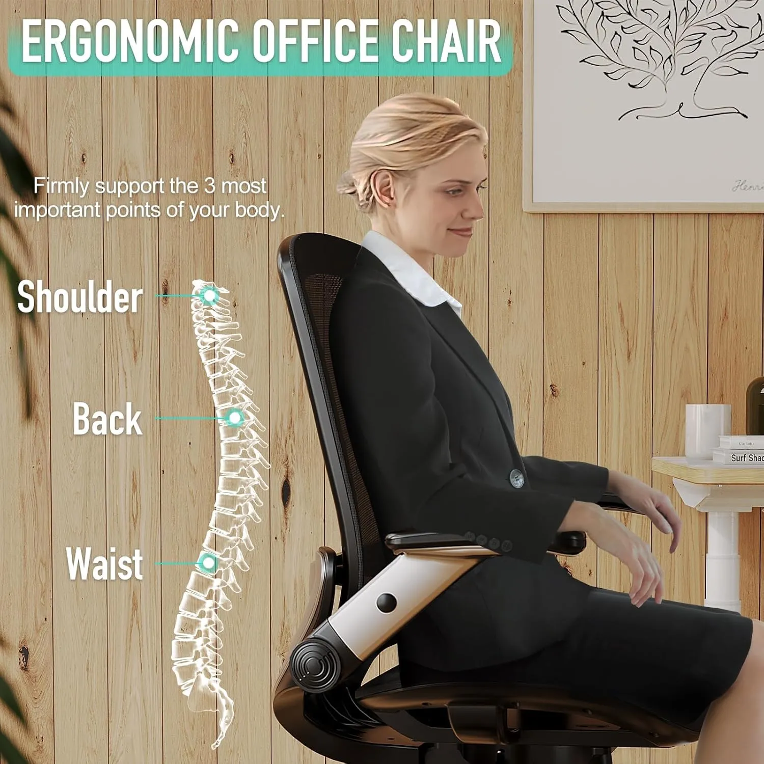 GABRYLLY Ergonomic Office Chair, Mesh Desk Chair - Lumbar Support and Adjustable Flip-up Arms, Soft Wide Seat, 90-120° Tilt, High Back Home Ergonomic Chairs Swivel Task Chair, Easy Assemble