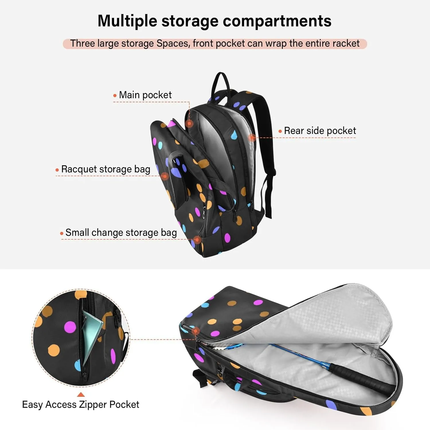 GAIGEO Polka Dot Racket Bag, Multilayer Design Badminton Bag, Sports and Daily Use