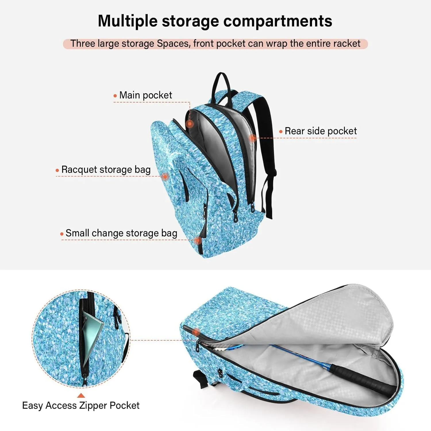 GAIGEO Turquoise Blue Purple Gradient Pickleball Bag, Large Capacity Gifts for Pickleball Lovers, Various Storage Methods