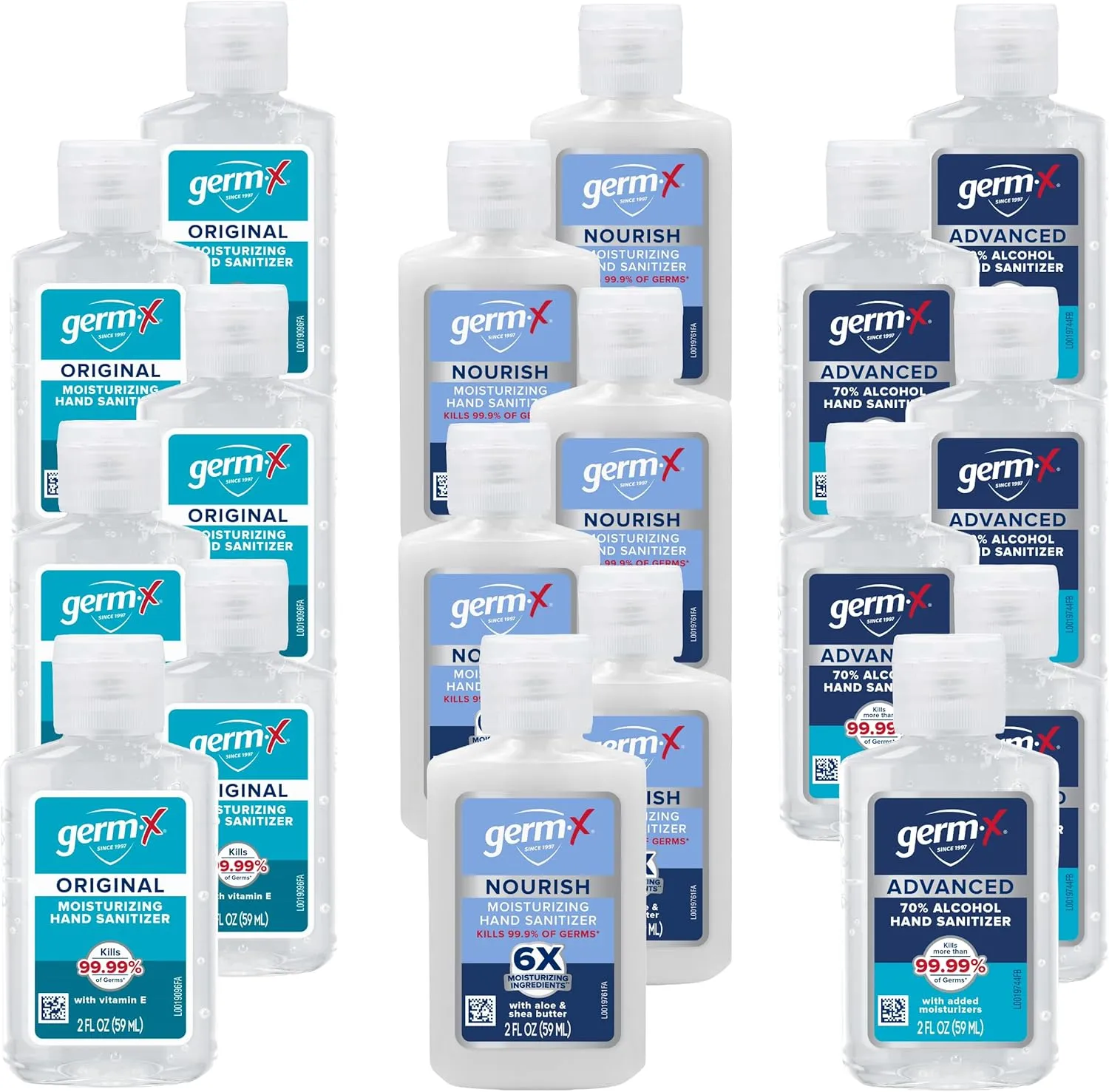 Germ-X Hand Sanitizer Bundle: Original, Advanced, and Nourish Formulas – Moisturizing, Sanitizing Formula, No Rinse Formula, Mini Travel Size for On-The-Go, 2 Fl Oz (3 Packs of 6)