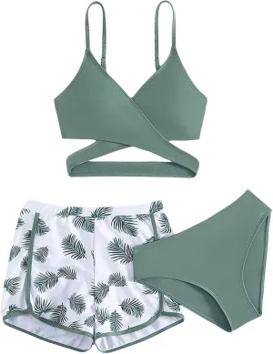 Girl's 3 Piece Swimsuit Tropical Wrap Criss Cross Cute Bikini Set Bathing Suit with Beach Shorts