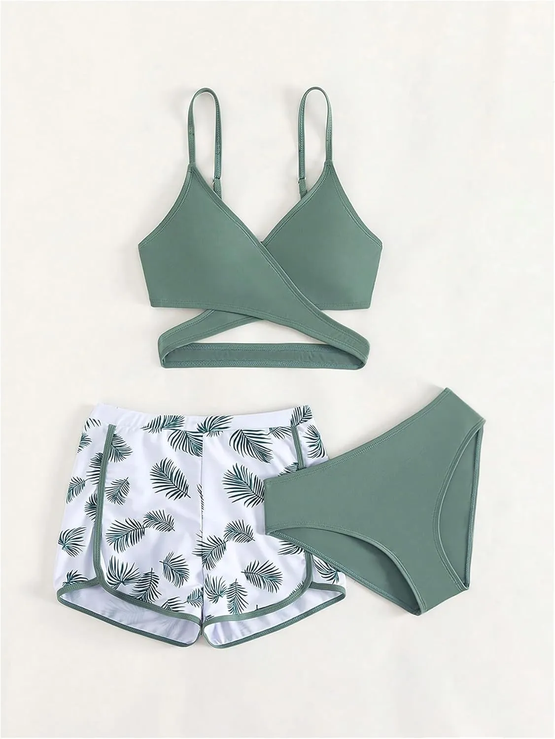 Girl's 3 Piece Swimsuit Tropical Wrap Criss Cross Cute Bikini Set Bathing Suit with Beach Shorts