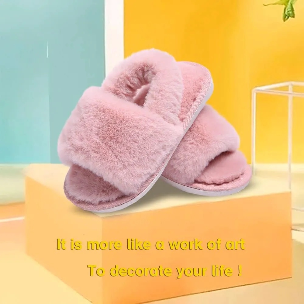 Girl's Fuzzy Fluffy Furry Slippers Cross Band Shoes Slides for Girls Fur Flip Flop Open Toe Slippers
