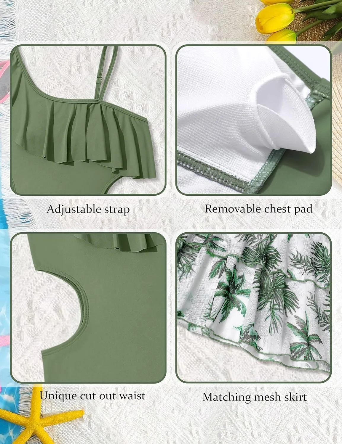 Girls One Piece Swimsuits Cut Out Swimsuit with Mesh Skirt Ruffle Girls Bathing Suit 9-16 Years Summer Beach Swimwear