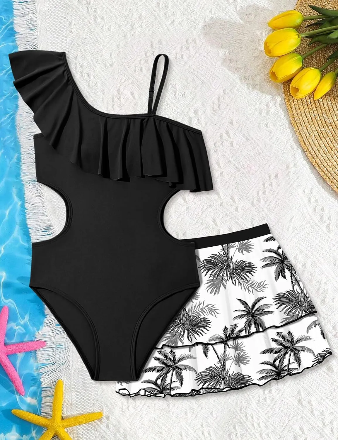 Girls One Piece Swimsuits Cut Out Swimsuit with Mesh Skirt Ruffle Girls Bathing Suit 9-16 Years Summer Beach Swimwear
