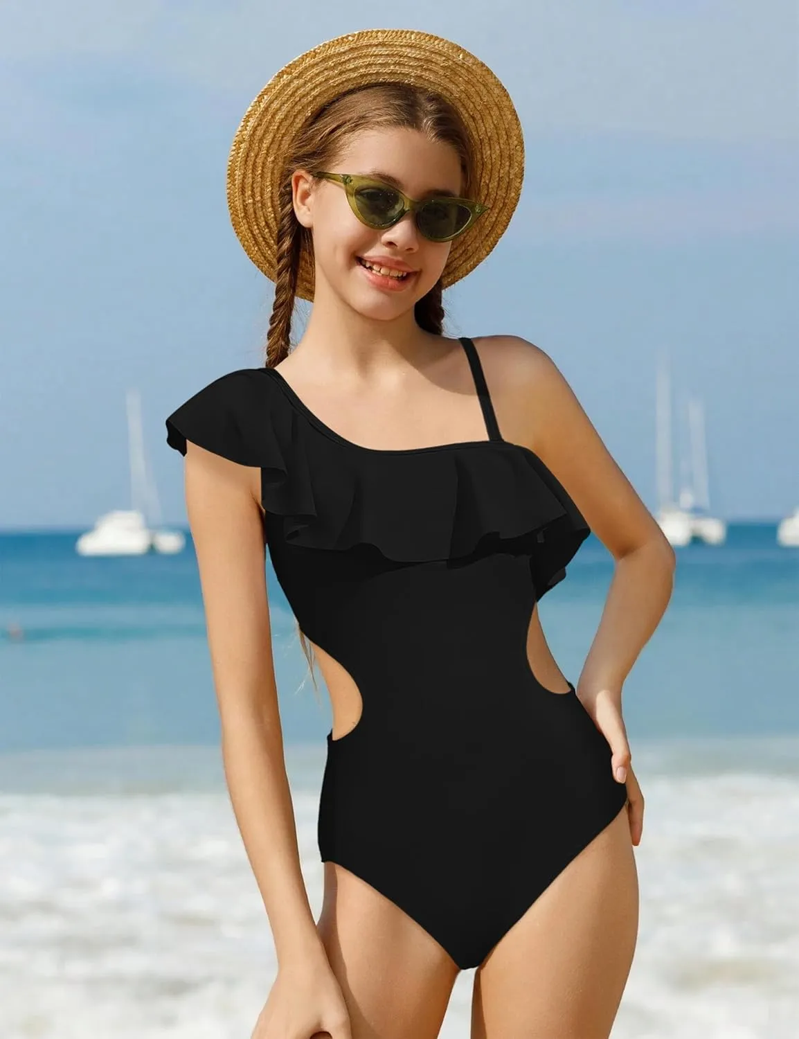 Girls One Piece Swimsuits Cut Out Swimsuit with Mesh Skirt Ruffle Girls Bathing Suit 9-16 Years Summer Beach Swimwear