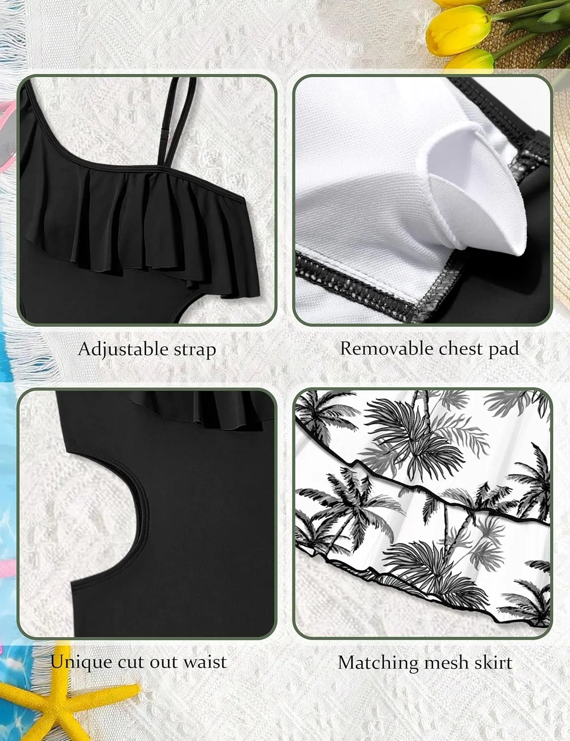 Girls One Piece Swimsuits Cut Out Swimsuit with Mesh Skirt Ruffle Girls Bathing Suit 9-16 Years Summer Beach Swimwear