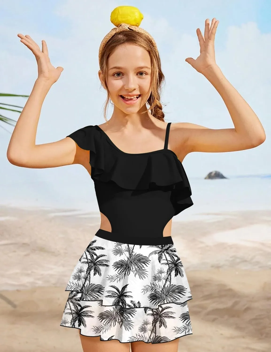 Girls One Piece Swimsuits Cut Out Swimsuit with Mesh Skirt Ruffle Girls Bathing Suit 9-16 Years Summer Beach Swimwear
