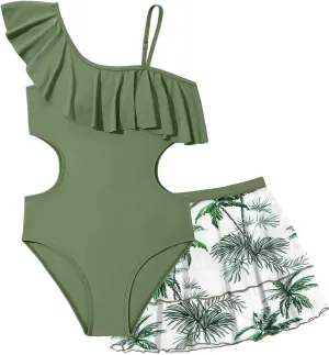 Girls One Piece Swimsuits Cut Out Swimsuit with Mesh Skirt Ruffle Girls Bathing Suit 9-16 Years Summer Beach Swimwear