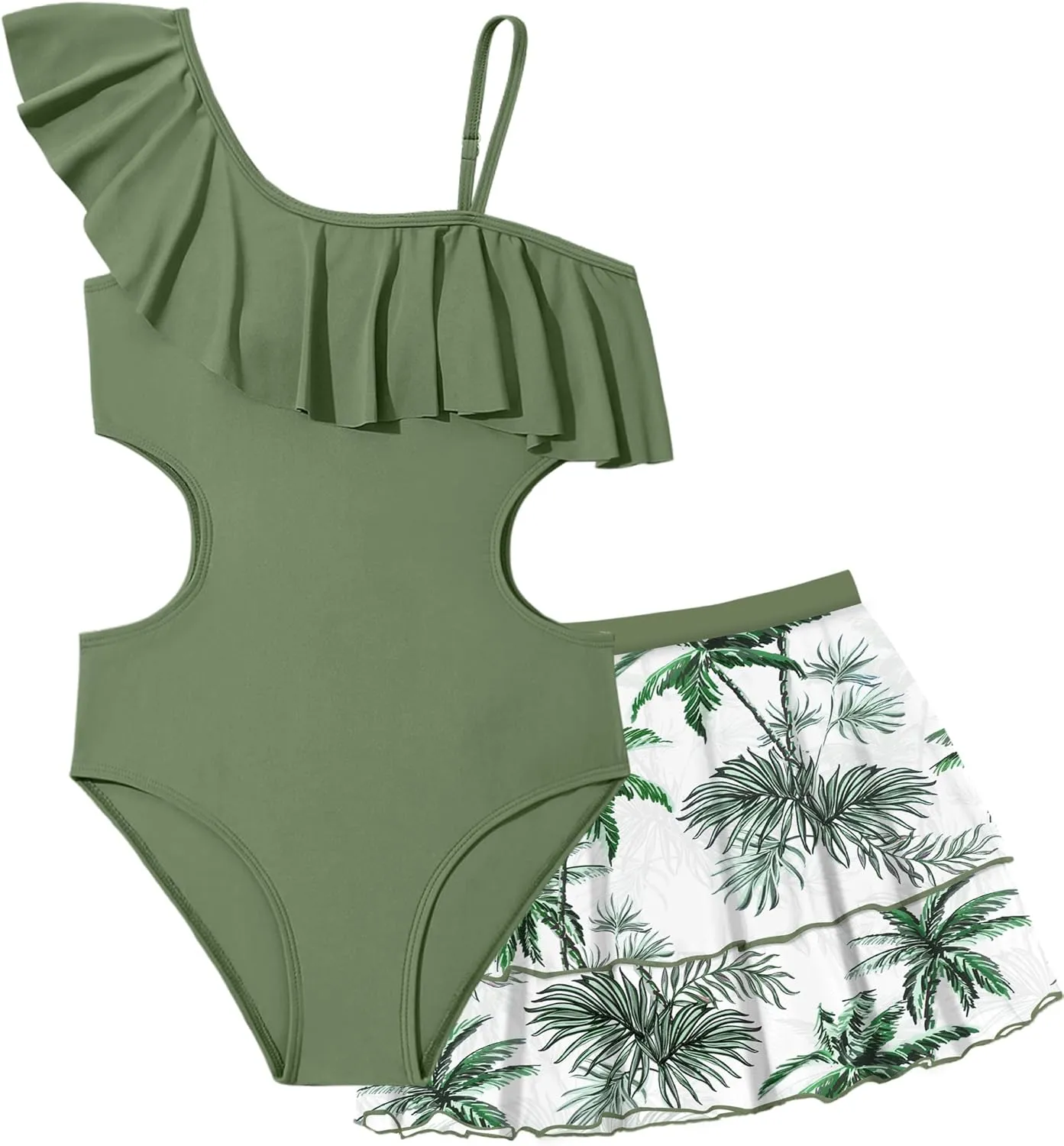 Girls One Piece Swimsuits Cut Out Swimsuit with Mesh Skirt Ruffle Girls Bathing Suit 9-16 Years Summer Beach Swimwear