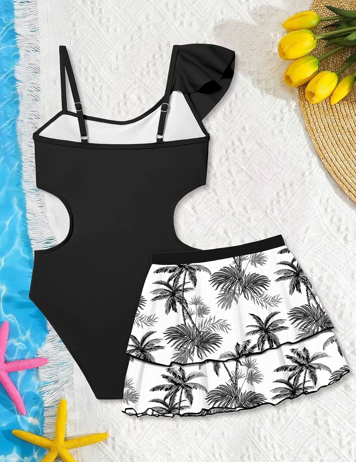 Girls One Piece Swimsuits Cut Out Swimsuit with Mesh Skirt Ruffle Girls Bathing Suit 9-16 Years Summer Beach Swimwear