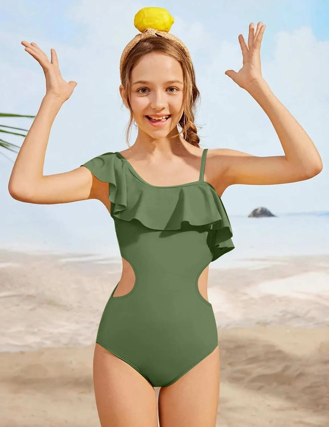 Girls One Piece Swimsuits Cut Out Swimsuit with Mesh Skirt Ruffle Girls Bathing Suit 9-16 Years Summer Beach Swimwear
