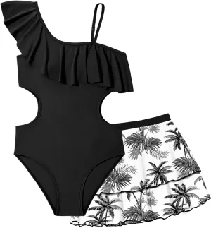 Girls One Piece Swimsuits Cut Out Swimsuit with Mesh Skirt Ruffle Girls Bathing Suit 9-16 Years Summer Beach Swimwear