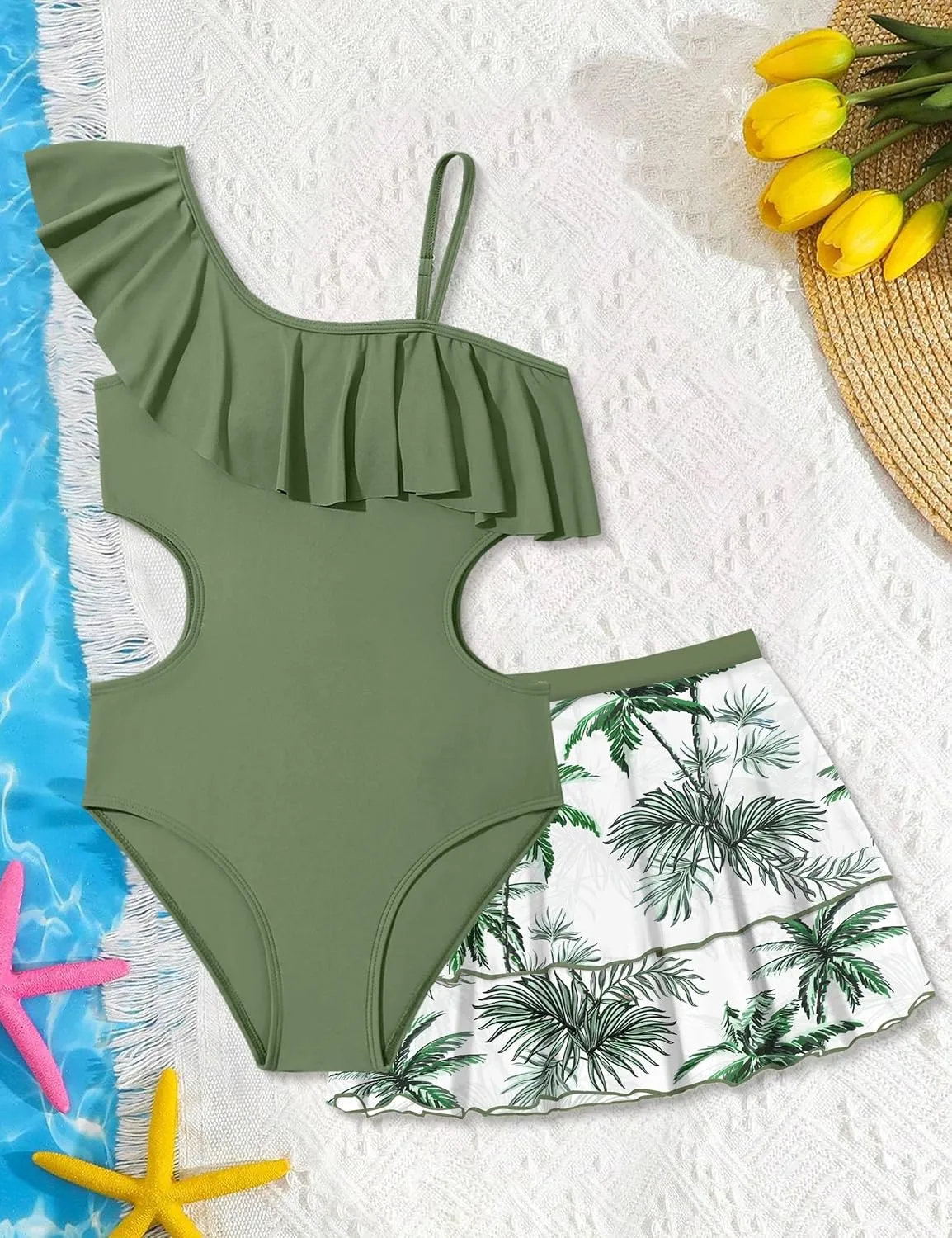 Girls One Piece Swimsuits Cut Out Swimsuit with Mesh Skirt Ruffle Girls Bathing Suit 9-16 Years Summer Beach Swimwear