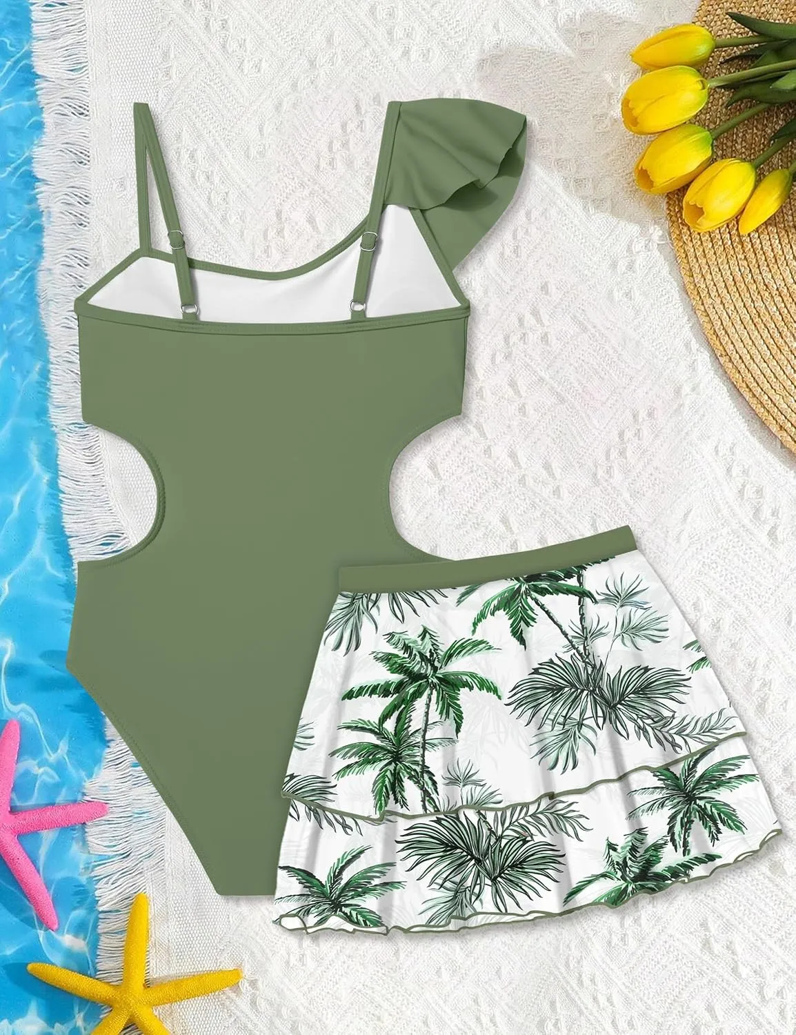 Girls One Piece Swimsuits Cut Out Swimsuit with Mesh Skirt Ruffle Girls Bathing Suit 9-16 Years Summer Beach Swimwear