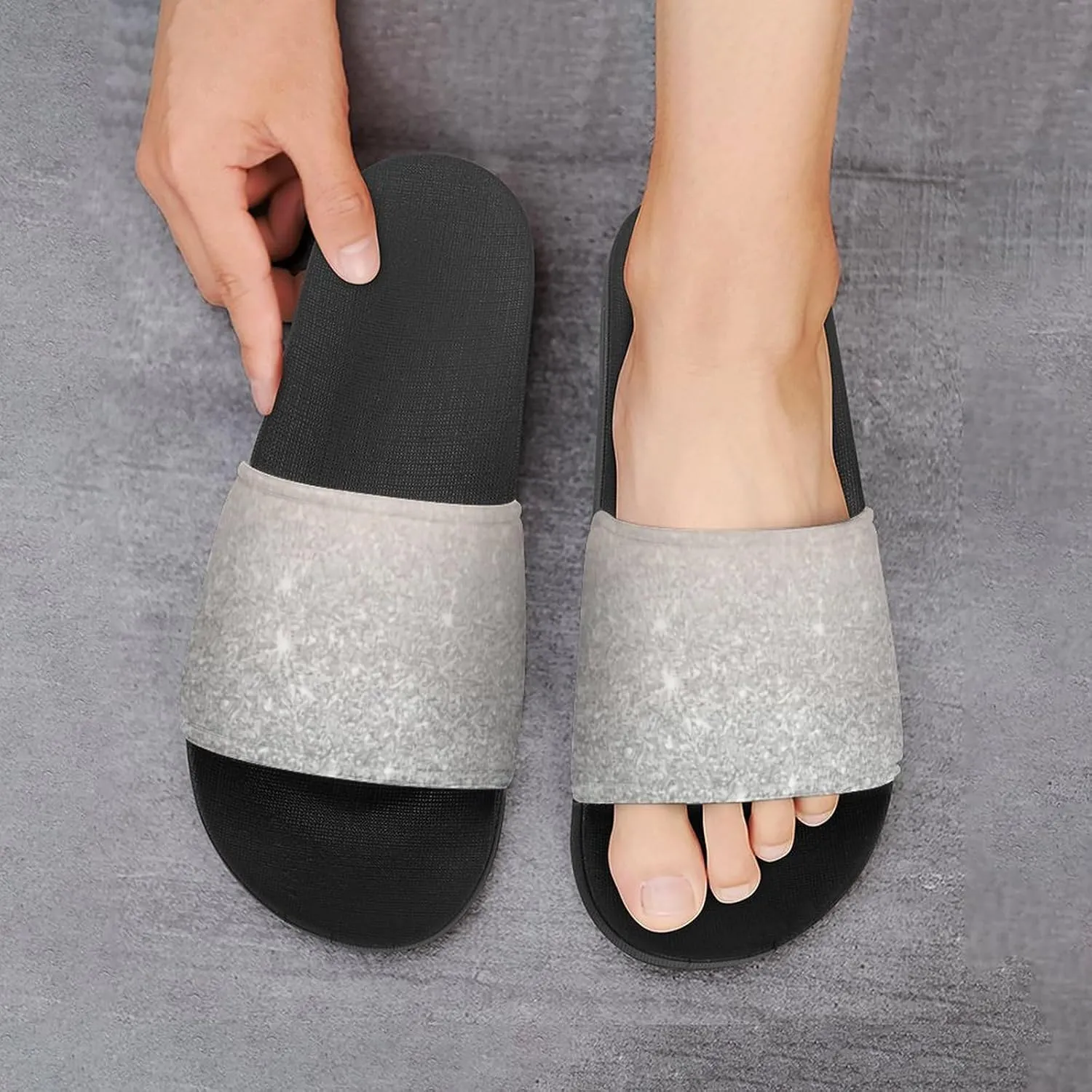 Girly Silver Glitter Ombre Sparkles Womens Slide Sandals Non Slip Summer House Slippers for Girls Slip-on Flip Flops