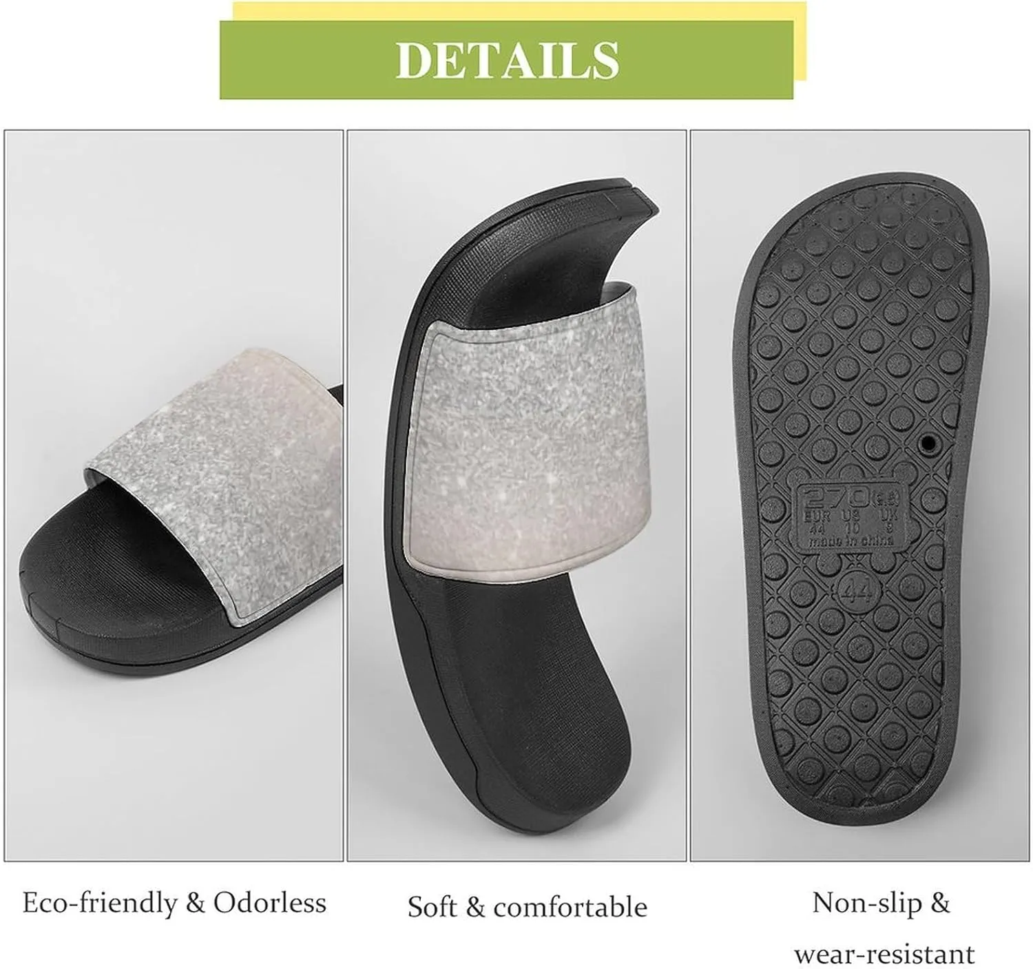 Girly Silver Glitter Ombre Sparkles Womens Slide Sandals Non Slip Summer House Slippers for Girls Slip-on Flip Flops