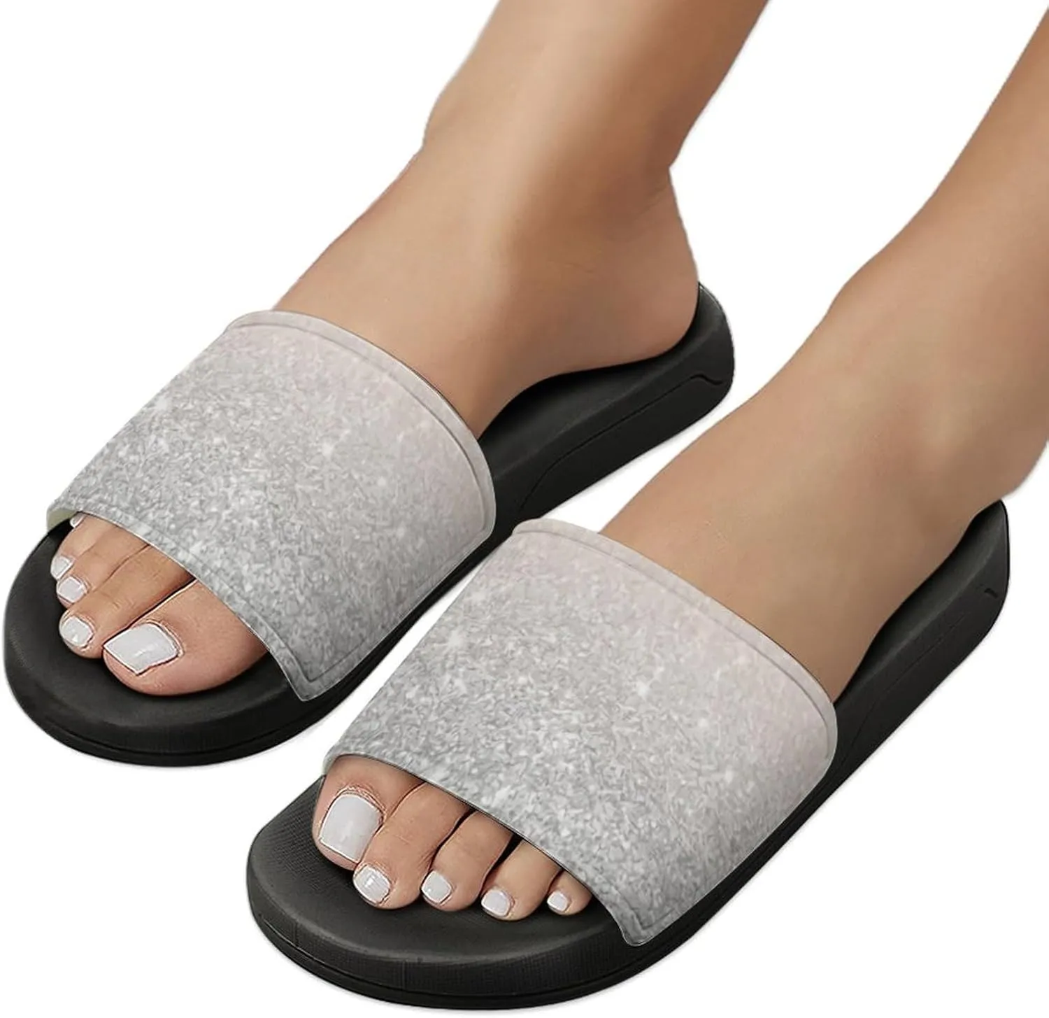 Girly Silver Glitter Ombre Sparkles Womens Slide Sandals Non Slip Summer House Slippers for Girls Slip-on Flip Flops