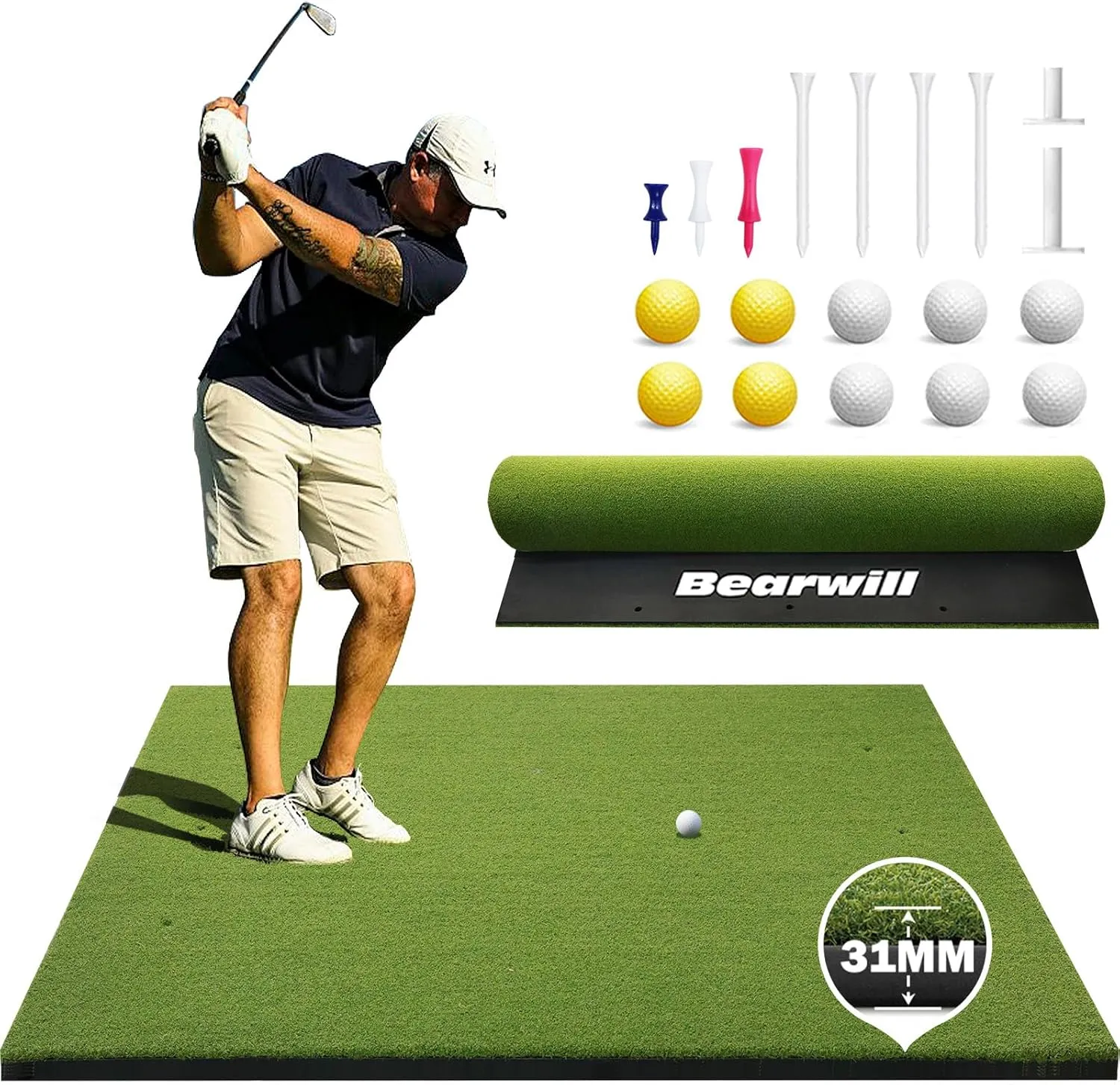 Golf Mat 31mm, 5x4ft/5x5ft Golf Hitting Mat for Indoor Outdoor Practice, High-Elasticity Elite Artificial Grass Simulator Turf Mat for Chipping Swing Driving Training