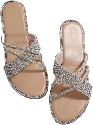 GORGLITTER Sparkly Sandals Rhinestone Strappy Flat Dressy Open Toe Slip on Slide Sandals